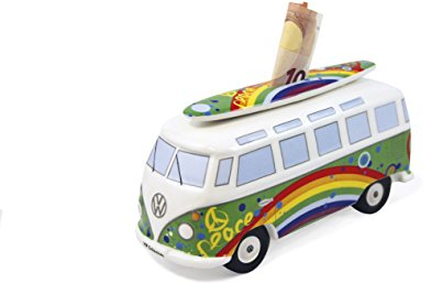 BRISA VW Collection - Volkswagen Spar-Büchse-Schwein-Dose mit Surfbrett im T1 Bulli Bus Samba Design (Love Bus/Grün)