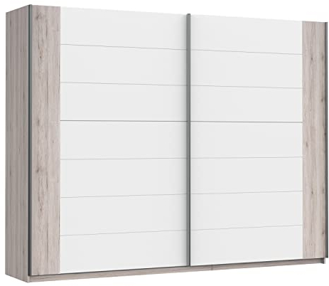 FORTE RONDINO Schrank 270, Kleiderschrank, Schwebetürenschrank groß Skandinavisch Schlafzimmer 2-türig Holzdekor: Sandeiche / Weiß Hochglanz, 270 cm breit x 210 cm hoch x 61 cm tief