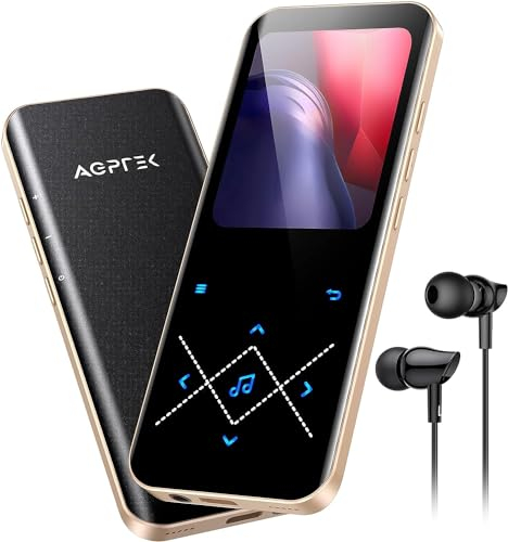 AGPTEK MP3 Player Bluetooth 5.3, 64GB HiFi Sound Musikplayer mit 2,4 Zoll TFT Farbbildschirm, Kopfhörer, Lautsprecher, Touch-Tasten, FM-Radio, E-Book, Aufnahme, Unterstüzt TF-128GB, Schwarzgold