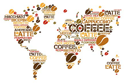 wandmotiv24 Fototapete Weltkarte Kaffee Küche, S 200 x 140cm - 4 Teile, Wanddeko, Wandbild, Wandtapete, Kaffeebohnen Weltatlas M6155