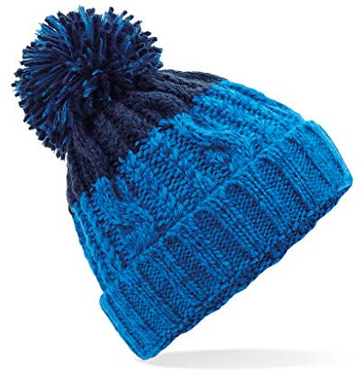 ASVP Shop Corkscrew Cable Knitted Bobble Hat Plain Mens Womens Beanie Warm Winter Pom Wooly Cap (Azure Blue/Oxford Navy)