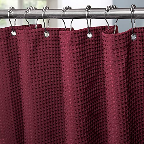 Waffel Duschvorhang mit Metall Duschvorhangringe Stoff Textil Badewannenvorhang Anti Schimmel Bad Vorhang Set Wasserdicht Badewanne Vorhang Schwerer Shower Curtain Badezimmer - 92 x 182cm (Burgundy)