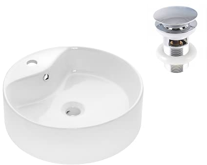 VBChome Waschbecken 47 cm Keramik Weiß Oval Waschtisch Handwaschbecken Aufsatzwaschbecken Waschschale Gäste WC (Waschbecken 12 mit Pop-up ventil)