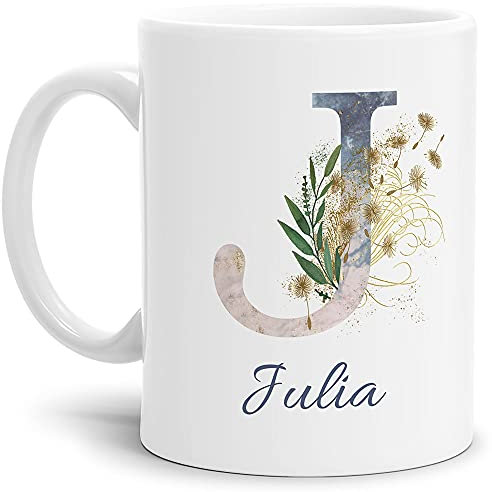 Tasse mit Buchstabe J und Blumen - mit Name personalisiert - Initiale, Namens-Tasse, Buchstaben Tasse, Geschenk I Keramik Weiß matt, 300 ml