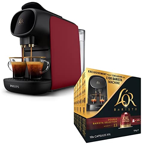 L'OR BARISTA Sublime Coffee Machine Red by Philips with L'OR Double Barista Selection XXL 5X10PC, Double Shot, Aluminium Coffee Capsules (Total 50 XXL Capsules) Intensity 13