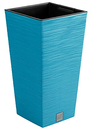 Macetero color azul escandinavo, con depósito, colección FURU, de 20 x 20 x 38 cm, capacidad de 5 L.