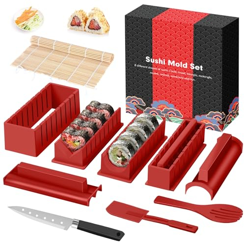 SKYSER Sushi Maker set, 12 Artikel Sushi Maker Kit für Anfänger zum selber machen, Kann als Sushiteller verwendet werden mit Reis Roll Formen, Messer, sushi-rolling Matte (Rot)