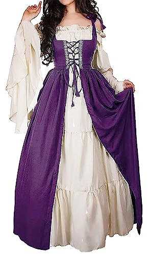 HOOUDO Women Medieval Costume Vintage Classic Irish Chemise Over Dress Plus Size Bell Sleeve Halloween Gown Witch Carnival Maxi Dresses Steampunk Swing Clothing 2023 New Purple