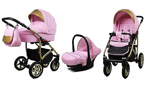 BabyLux® Bambimo Kinderwagen Set 3 in 1 - Gold Lux - incl. Babywanne, Buggy Sportsitz, Auto-Babyschale - Autositz - Kinderwagenset - Kombikinderwagen mit Wickeltasche, Regenschutz usw.