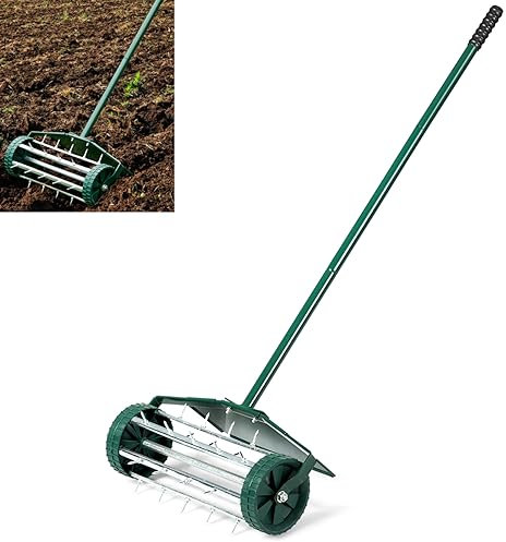 GiantexUK Outdoor Lawn Roller, Heavy Duty Manual Grass Rollers with Green Removable Handle, Steel Spikes and Accessories, Rolling Lawn Aerator for Garden & Courtyard (43x23x128cm, with Fender)