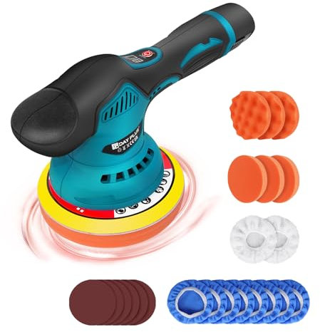 12V 300W Akku Poliermaschine für Auto, Exzenter Poliermaschine, 150mm Polierscheibe, 12mm Polier Random Orbit, Poliermaschinen Set mit 2.0Ah Akku und 22 Schleif- und Polierzubehör für Autos Möbel