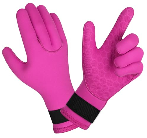 AUAUY Neopren Tauchhandschuhe, 3mm Warme Tauchhandschuhe, Flexibel Schwimmhandschuhe mit Anti-Rutsch Partikeln, Erwachsene Fünf-Finger-Tauchhandschuhe für Open Water Swimming Surfing Tauchen (Rosa-M)