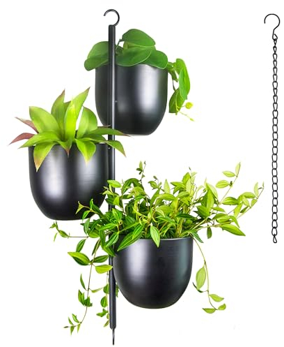 3 Tier Hanging Planters for Indoor & Outdoor, Stackable Black Metal Plant Hanger with 6 Inch Flower Pots, Oval Wall & Ceiling Plant Holder for Modern Home Decor, Balcony, Window, Patio (No Plants)