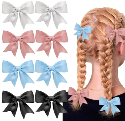 KSJEHW 8 Pezzi Fermagli per Capelli con Fiocco, Mollette per Capelli Donna in Raso, Ferma Capelli per Ragazza con Chiusura Clip Fermaglio(Bianco Rosa Blu Nero