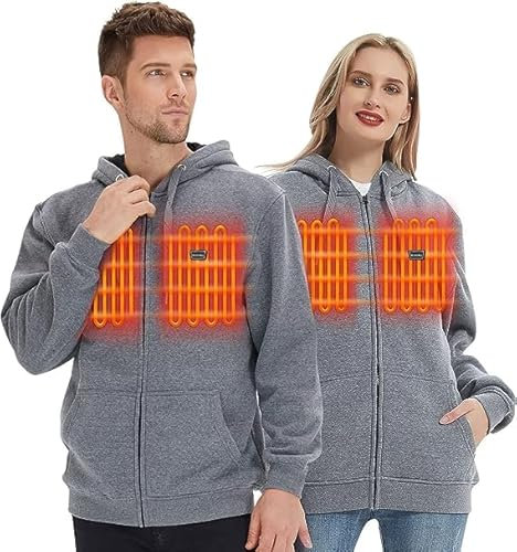 HENNCHEE Heated Hoodies for Men Women with Battery Pack, Zip Up Hooded Sweatshirt, Heating Jacket Unisex Hunting Fishing, Grey