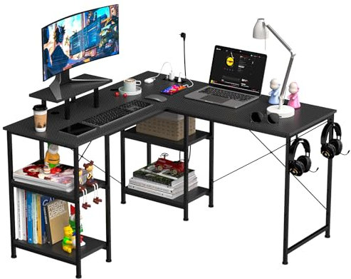 Chleby Großer Schreibtisch Schwarz, 210x50cm Computertisch mit Steckdose Schreibtisch L-förmig mit Regalen und Haken, Eckschreibtisch PC Tisch ideal für Schlafzimmer, Wohnzimmer und Büro
