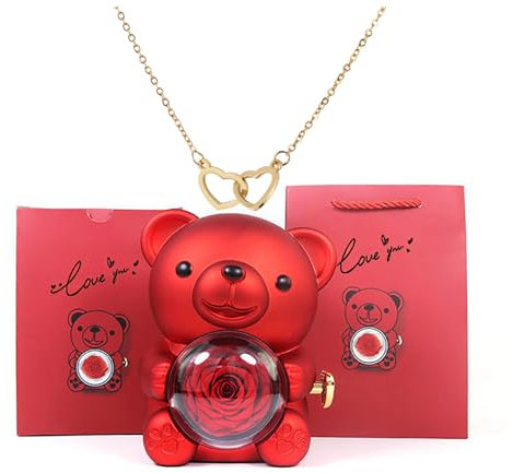Mrinb Eternal Rose Bear Giftbox with Heart Necklace, Preserved Flower Bear for Girlfriend, Forever Flower Box with Necklace, Ladies Birthday Gift, Christmas Valentine's Day Romantic Gifts for Her