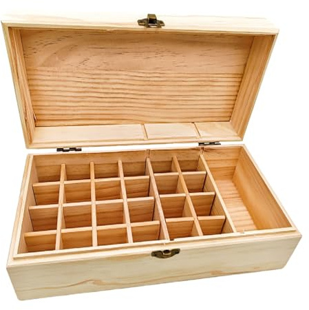 Anktily Aufbewahrungsbox mit 25 Fächern, unlackiertes Holz, mit Deckel, 27,5 x 15 x 10,5 cm, unlackiert, für kleine Andenken, Schmuck, Teebeutelhalter