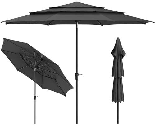 Lointain Sonnenschirm Ø 300 cm mit Kurbel, 3-stöckiger Gartenschirm beidseitig 45° neigbarer, Terrassenschirm mit 8 Rippen, Marktschirm Balkonschirm Stabil UV-Schutz für Pool Strand,Dunkelgrau
