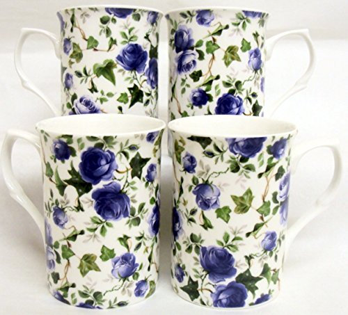 fromeuropewithlove Ivy Rose Mugs Set of 4 Fine Bone China Blue Roses Flowers Mugs Hand Decorated in the UK Free UK Delivery