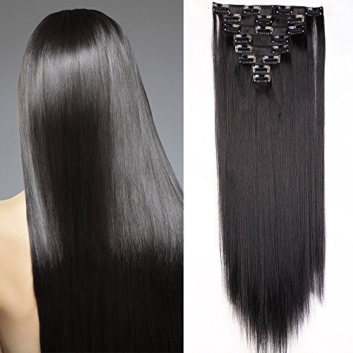 SEGO 23 Inch Synthetic Clip in Hair Extensions 8 Pcs Full Head 140g, Straight Dark Black