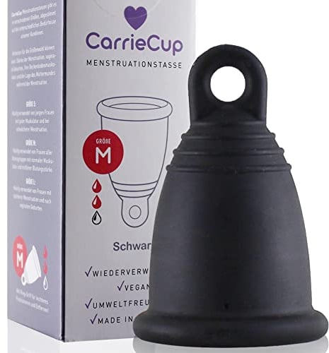 CarrieCup Menstruationstasse mittel, Made in Germany inkl. Beutel - BPA-frei, Alternative zu Tampons und Binden, silikonfrei, Menstrual Cup schwarz