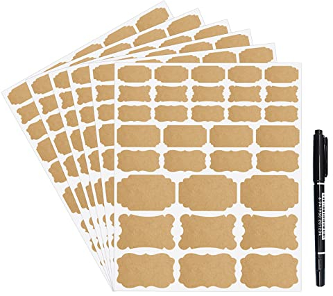Kraft-Etiketten, blanko, Aufkleber, 192 Stück, sortiert, selbstklebende Aufkleber mit Marker für Geschenke, Dekoration, Aufbewahrung, Flaschen, Gläser, Lebensmittelbehälter, Handarbeit, DIY Projekt