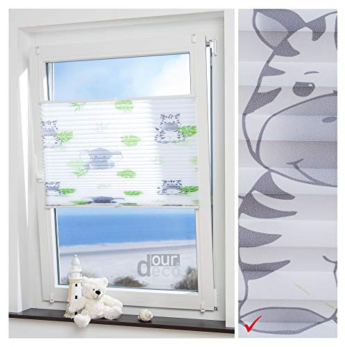 ourdeco® Plissee Motiv Hanni und Luc / 75 x 130 cm (Breite x Höhe) / Farbe: weiß mit Kindermotiv/lichtdurchlässig, Motiv für Kinder/Klemmen, Montage ohne zu Bohren, Klemmfix-Plissee