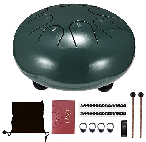 Schlitztrommeln, Stahlzungen-Trommel, 6 Zoll 8-Ton-D-Tonart, Handpan-Trommel mit Trommelstöcken, Tasche, Fingerabdeckung, Schlaginstrument für die musikalische Ausbildung Konzert Mind Healing, Green