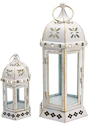 Rebecca Mobili Set 2 Porta Candela, Lanterne Decorative, Metallo PVC, Stile Vintage, per Fiori Candele, Interno Esterno - Misure: 35 x 17,5 x 15,5 cm (HxLxP) - Art. RE6552