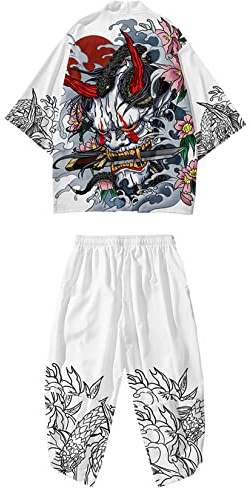 DOSLAVIDA Ensemble de veste kimono japonaise pour hommes, veste élégante ouverte sur le devant avec short, cardigan imprimé de style chinois, XX-Large