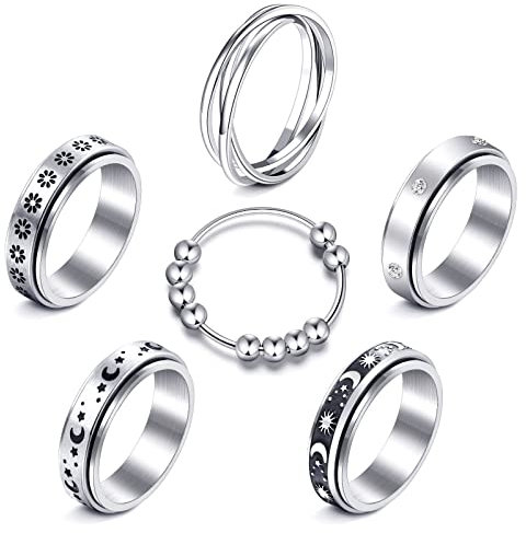 Keyoung MUCAL Anxiety Ring for Women Men 6pcs Stainless Steel Anti Anxiety Rings with Beads Fidget Ring for Anxiety Spinner Rings for Anxiety Relief, Silver, 7