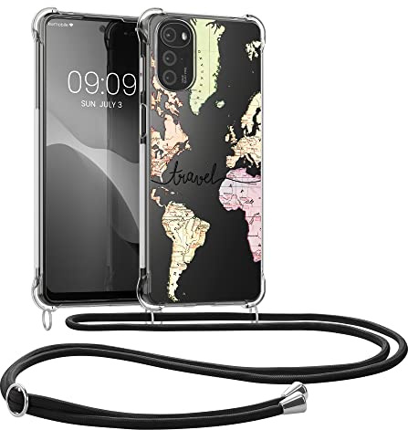 kwmobile Necklace Case kompatibel mit Motorola Moto G22 Hülle - Silikon Cover mit Handykette - Schwarz Mehrfarbig Transparent Travel Schriftzug