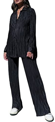 shownicer Damen 2 Stück Casual Outfits Revers Langarm Button Down Shirt Hohe Taille Lange Hosen Loungewear Streetwear Anzüge Weites Plissee Bein Hosenanzüge Zweiteiler A Schwarz M