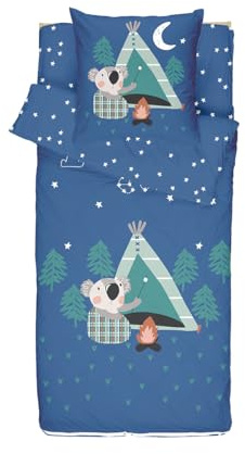 Caradou Koala - Juego de Cama Infantil (4 Piezas, 90 x 190 cm, algodón, Azul)