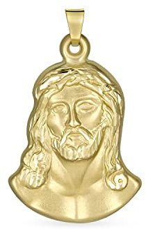 Bling Jewelry Personalisiere Matt & Glänzend Gelb Echte 14K Gold Religiöse Metall Schutz Medaillon Gesicht Von Jesus Christus Kopf Anhänger Halskette Für Männer Jugendliche Frauen Ohne Kette