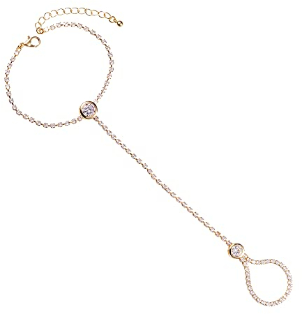 ZAVANA Gold Slave Armkette für Damen und Mädchen, Handkette mit Fingerring, Bohemian Handschmuck, goldenes Hand- und Ring-Armband mit Kristallen, Boho-Handschmuck für Frauen