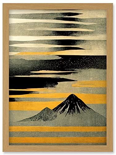 Wee Blue Coo Modern Simple Mount Fuji Painting in Silver Grey Black Gold Artwork Framed Wall Art Print A4