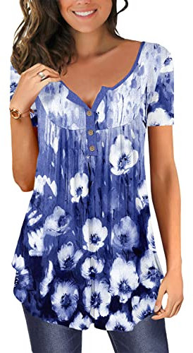 CHICZONE Ladies Tops Short Sleeve Plain Pleated V Neck Buttons Up Blouse Floral Printed Womens Henley T-Shirt