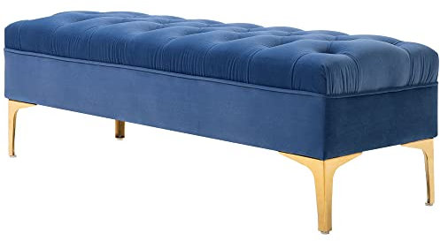HOMCOM Banc Banquette capitonnée Bout de lit Style Classique Chic dim. 118L x 45l x 42H cm piètement métal doré Velours Bleu