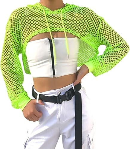 ITODA Women's Sexy Mesh Fishnet Hollow Out Pullover See Through Hooded Shirts Sweatshirt Long Sleeve Crop Top for Club Goth Punk Rave Rock Parties, Green L