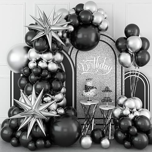 Paeyeq Schwarz Silber Ballon Girlande mit Metallic Silber Explosionsstern Folienballons, Schwarz und Silber Helium Latex Party Ballons für Geburtstag Partydekoration