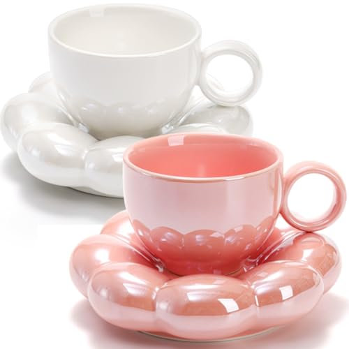 Goaste Lot de 2 tasses à café en céramique avec soucoupe, tasse en forme de nuage mignon avec dessous de verre de tournesol, tasse à thé créative pour le bureau, la maison, le café, le thé, le latte,