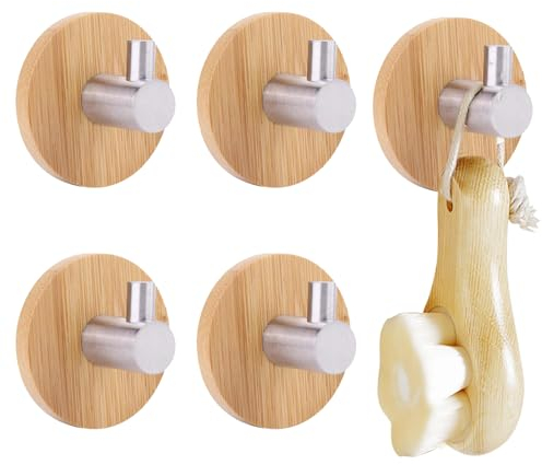 Muviitvi Klebehaken Holz, 304 Edelstahl & Bambus 5 Stück Handtuchhaken Ohne Bohren, Tragfähigkeit 8 kg, Wasserfeste rostfrei Klebehaken, Wand für Badezimmer, Küche, Toilette (Bambus)