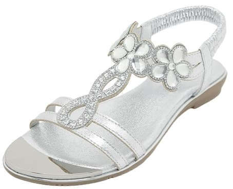 RTPR Damen Sommer Freizeit Sandale mit Absatz Frauen Sommer Gummiband Blumen Strass Casual Offene spitze Flache Weiche Unterseite Atmungsaktive Schuhe Sandalen Silberne Schuhe Damen 38 (Silver, 39)