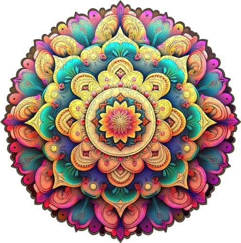 Mys Aurora Wooden Puzzles,42x42cm 500 Piece Flower Mandala Jigsaw Puzzles,Unique Shape Colorful Puzzles for Kids and Adults, Wooden Puzzles Gift for Family Game and Home Decor