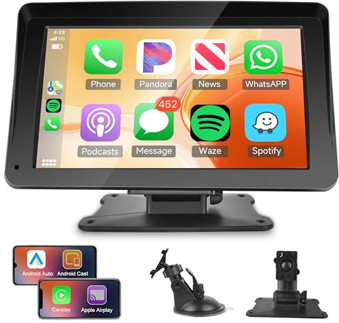 Rimoody Wireless Carplay Android Auto Tragbares Autoradio mit Airplay Android Cast, 7 Zoll Touchscreen Autoradio mit Dual Bluetooth/FM Transmitter/GPS/AUX/USB/TF für 7-32V Auto