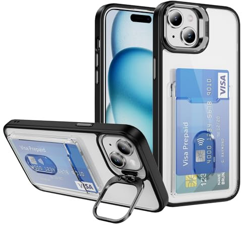SDTEK Coque pour iPhone 15 Porte-Carte Support Objectif Caméra Intégré Couverture (Noir)