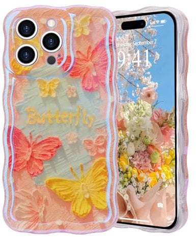 LAPOPNUT for iPhone 15 Pro Max Case for Girls Women,Laser Colorful Flower Butterfly Cute Curly Wave Frame Case,TPU Bumper Shockproof Camera Protective Cover for iPhone 15 Pro Max 6.7,Pink