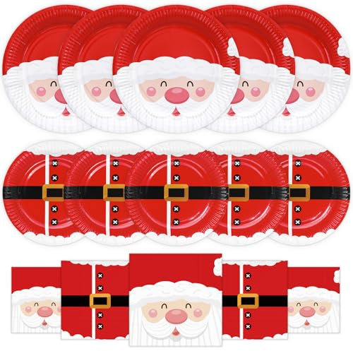 HNH Set di Piatti e Tovaglioli di carta per Natale | Babbo Natale, Rosso | Piatti da dessert 18cm, Piatti di carta 23cm con 33cm Tovaglioli di carta per feste Set di stoviglie usa e getta 16 persone